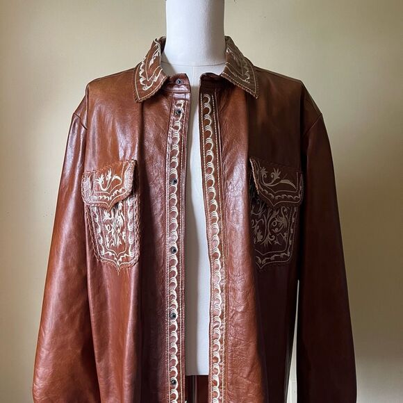 Vintage Ira Hoss Western Leather Jacket XXL Brown Tooled Embroidered Shacket - Picture 1 of 16